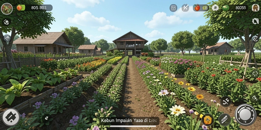 Tangkapan layar gameplay 8055 yang menunjukkan berkebun dan panen.