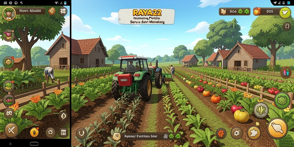 Tampilan gameplay RAYA22 yang menampilkan aktivitas bertani yang seru.