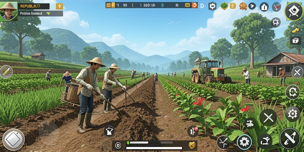 Tampilan gameplay <strong>REPUBLIK77</strong> yang menawan saat mengelola lahan pertanian.